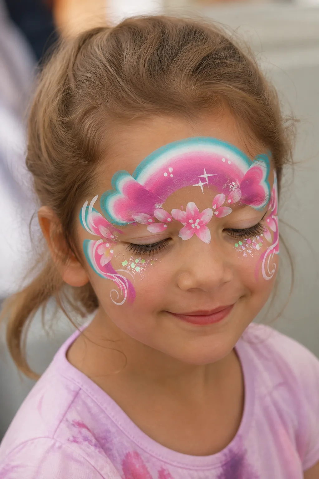 A girl with her eyes closed wearing a pink and teal rainbow across her brow, trimmed with pink blossom, white swirls and a scatter of green glitter