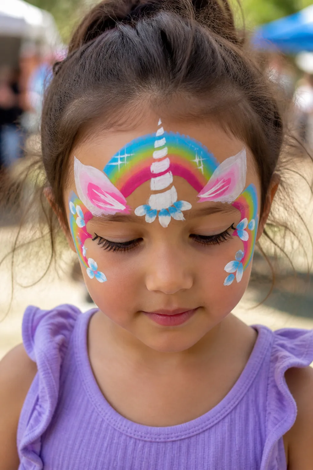 A young girl with a unicorn design — a rainbow arch across her forehead, a white spiral horn, pink and white ears and pale blue flowers under each eye